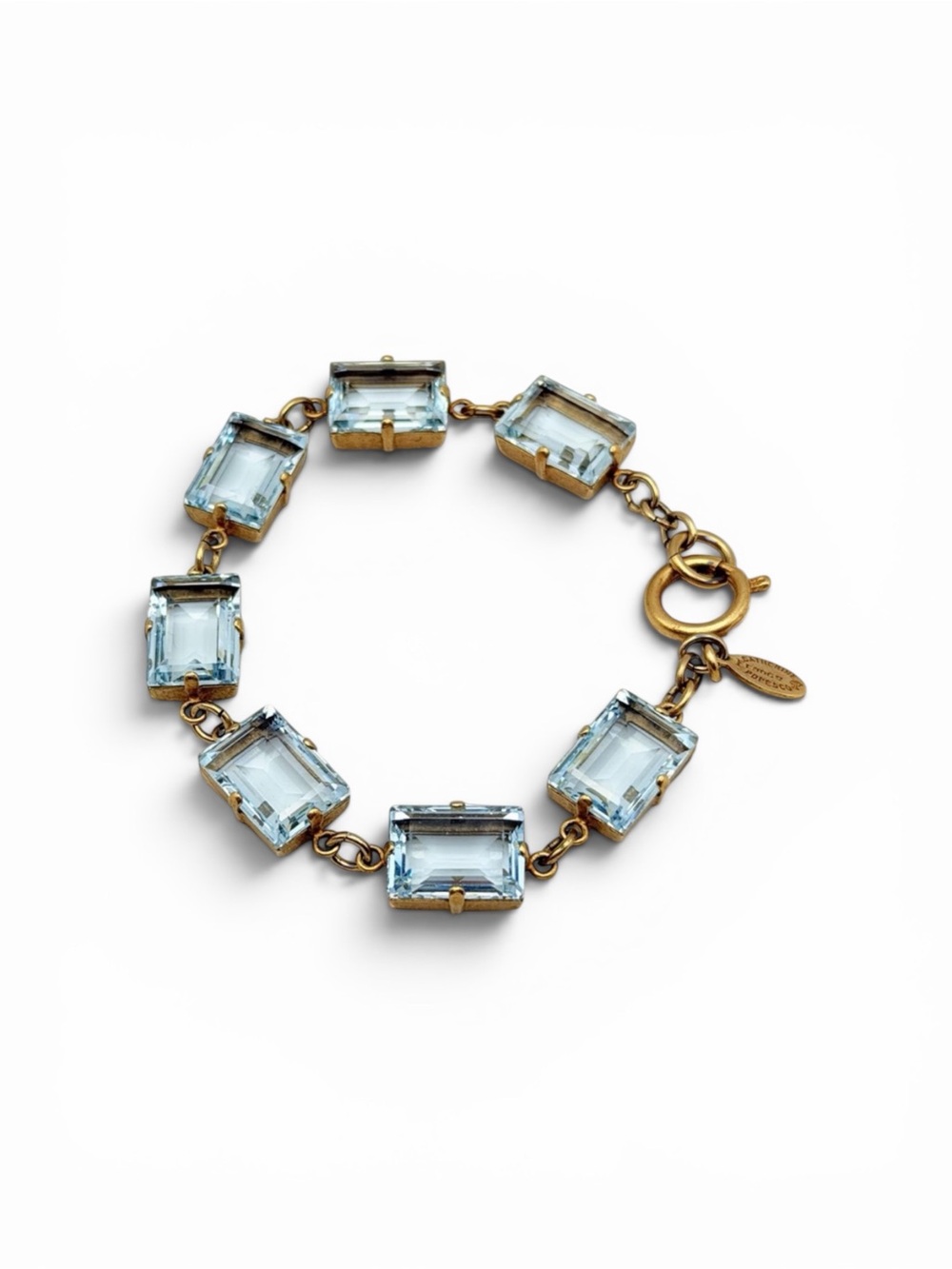 Vintage Catherine Popesco Gold Tone Blue Crystal Bracelet –Emerald Cut Link 7.5”